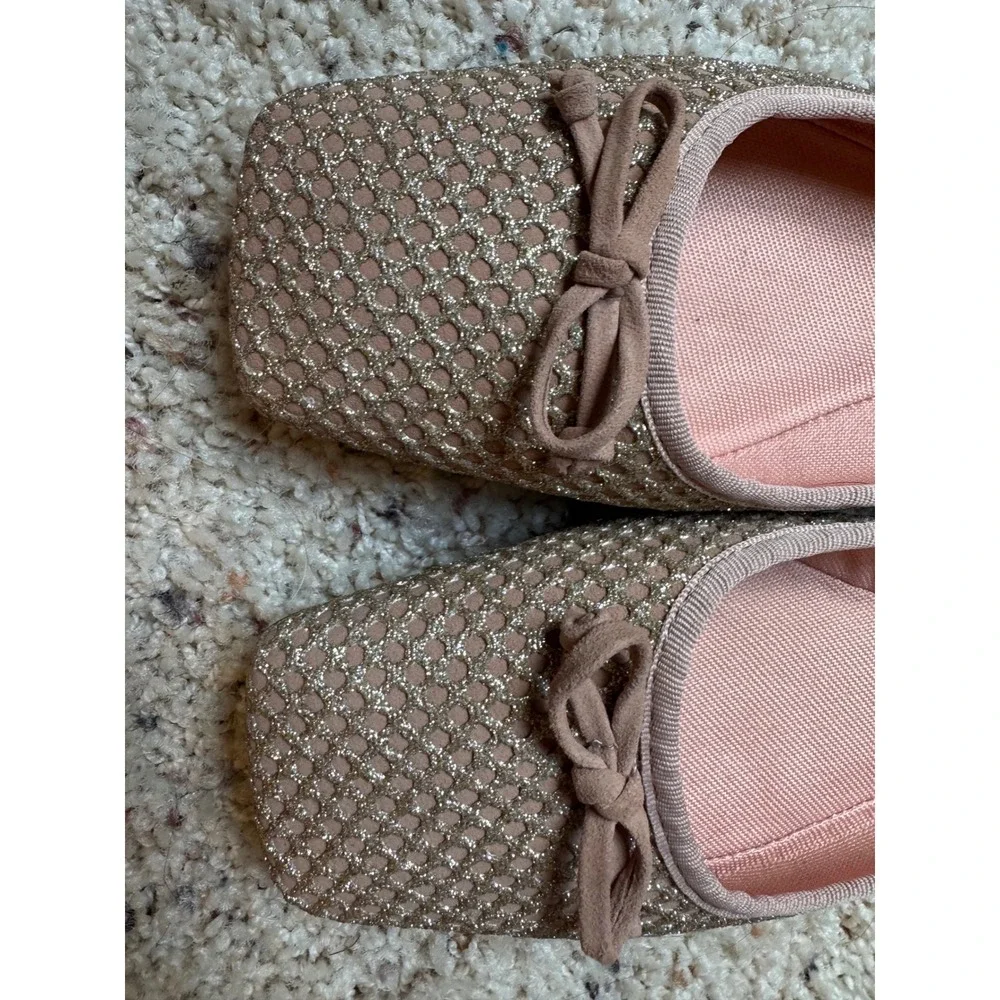 Vince Camuto Womens Glitter Mesh Square Toe Ballet Flats Rose Gold Bow Size 6.5M